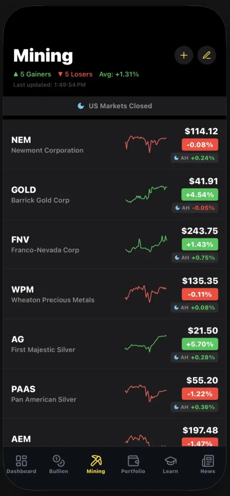 App screenshot: mining stocks screen